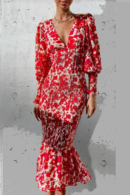 Vestidos de sirena con cuello en V y volantes, estampado elegante diario (5 colores)