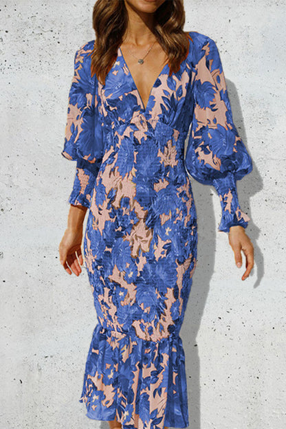Vestidos de sirena con cuello en V y volantes, estampado elegante diario (5 colores)