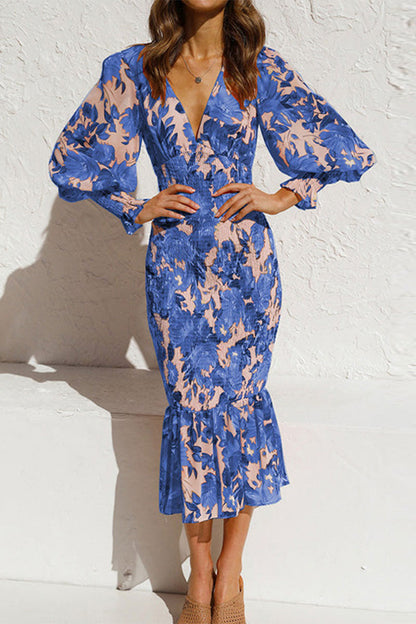 Vestidos de sirena con cuello en V y volantes, estampado elegante diario (5 colores)