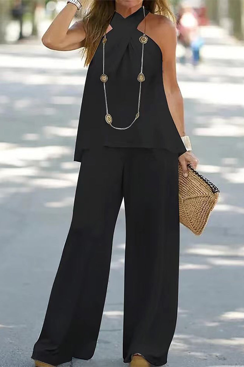 Conjunto informal de dos piezas, estilo urbano, liso, color liso, estilo halter, sin mangas