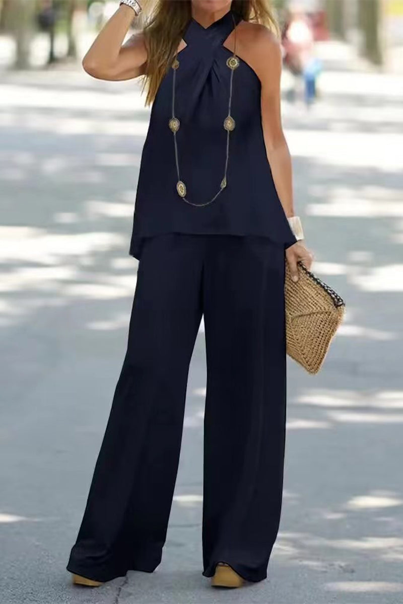 Conjunto informal de dos piezas, estilo urbano, liso, color liso, estilo halter, sin mangas