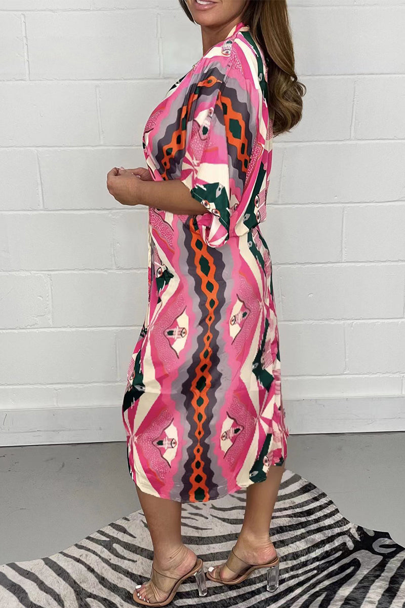 Vestido camisero informal con cuello en V y estampado geométrico de patchwork (4 colores)