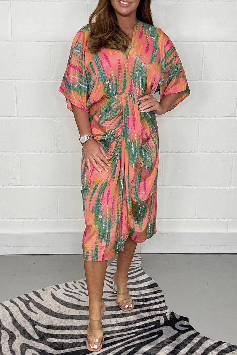 Vestido camisero informal con cuello en V y estampado geométrico de patchwork (4 colores)