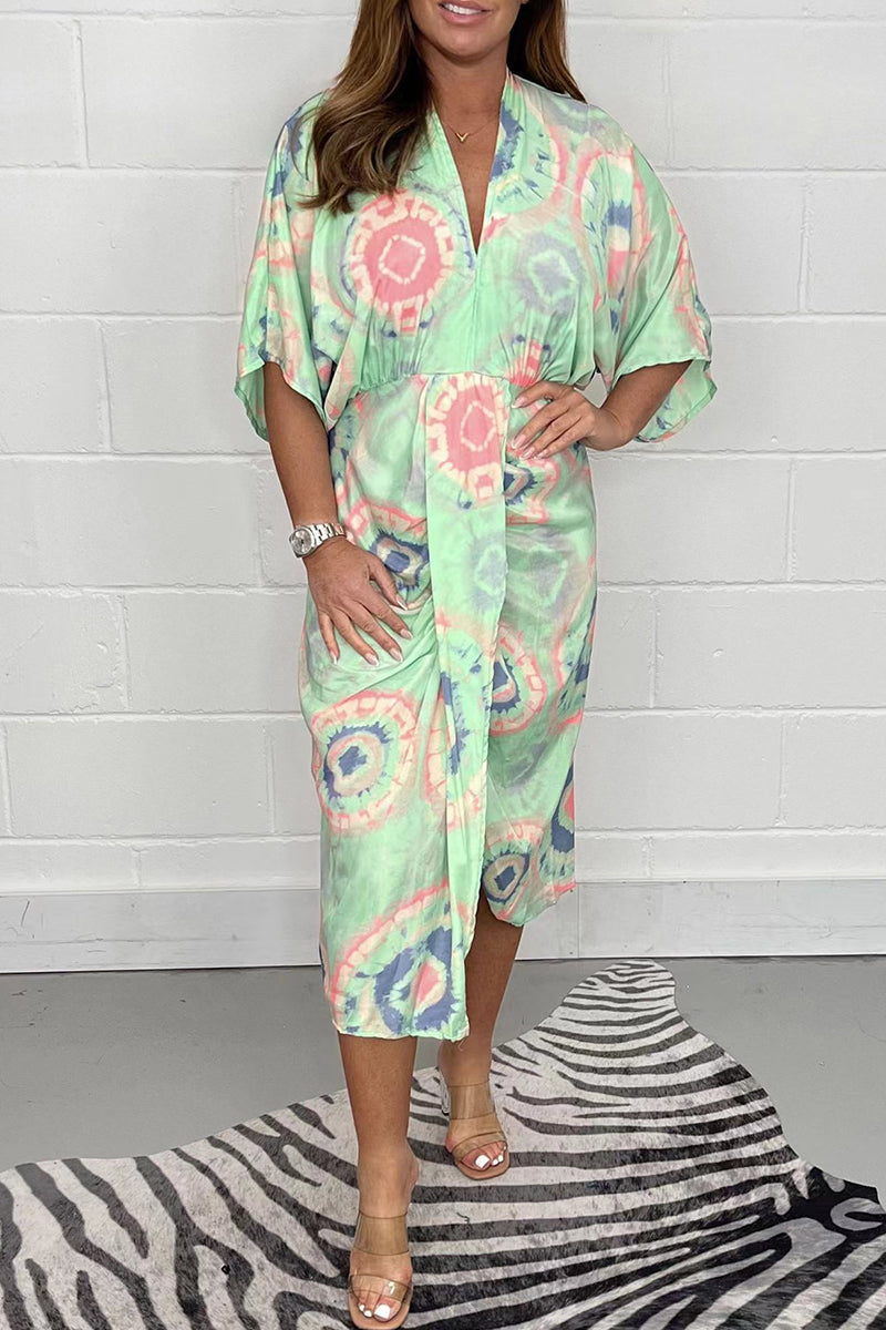 Vestido camisero informal con cuello en V y estampado geométrico de patchwork (4 colores)