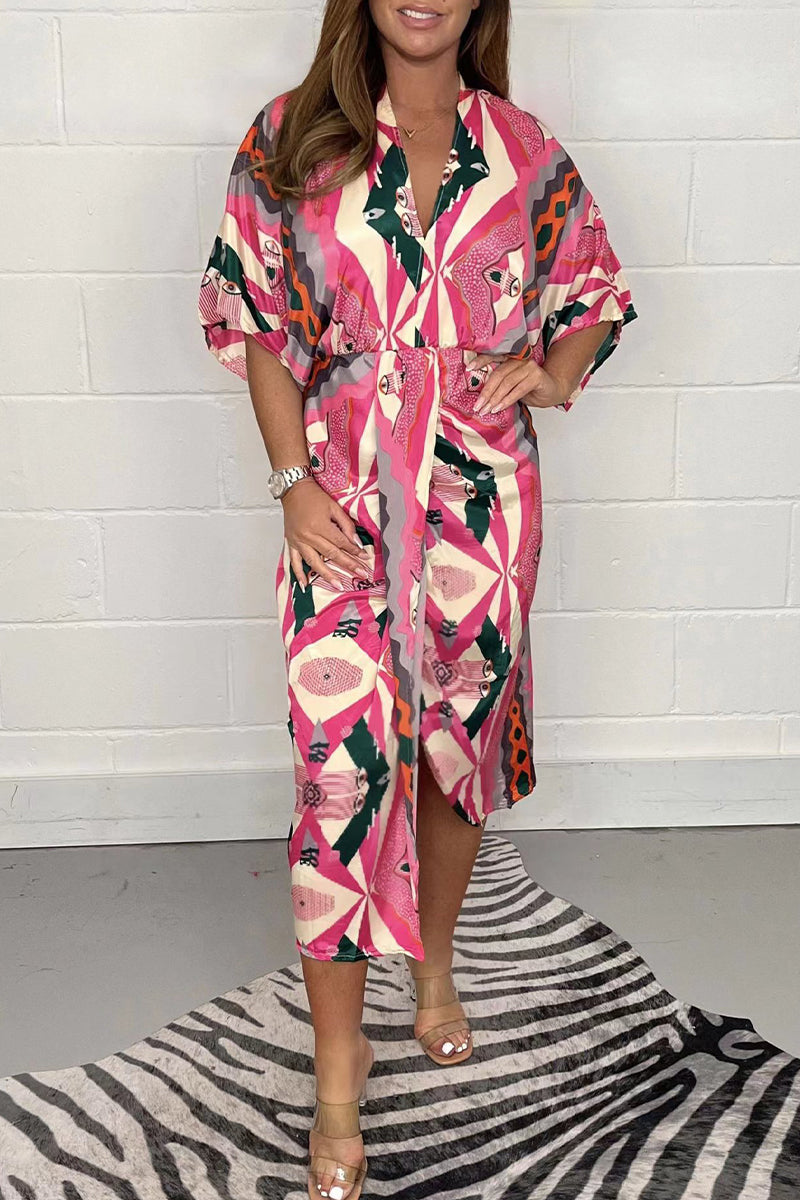 Vestido camisero informal con cuello en V y estampado geométrico de patchwork (4 colores)