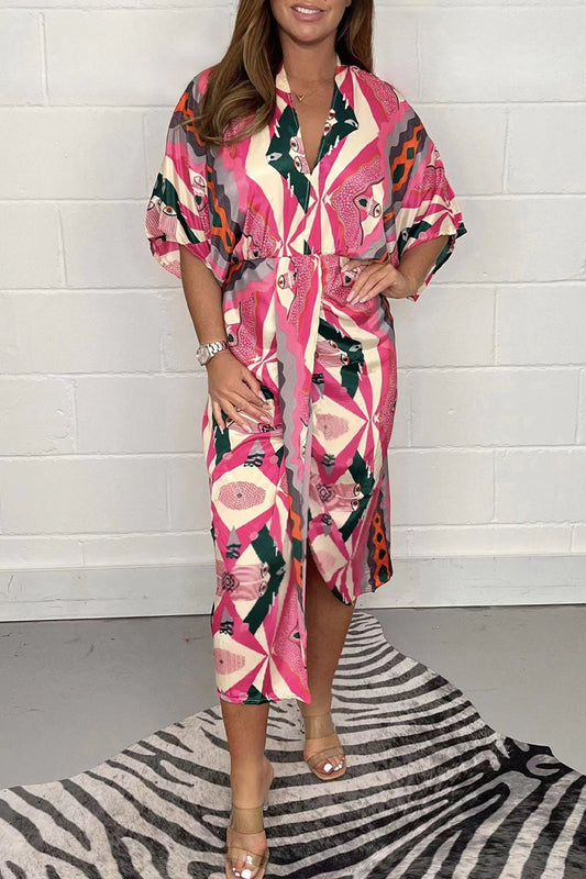 Vestido camisero informal con cuello en V y estampado geométrico de patchwork (4 colores)