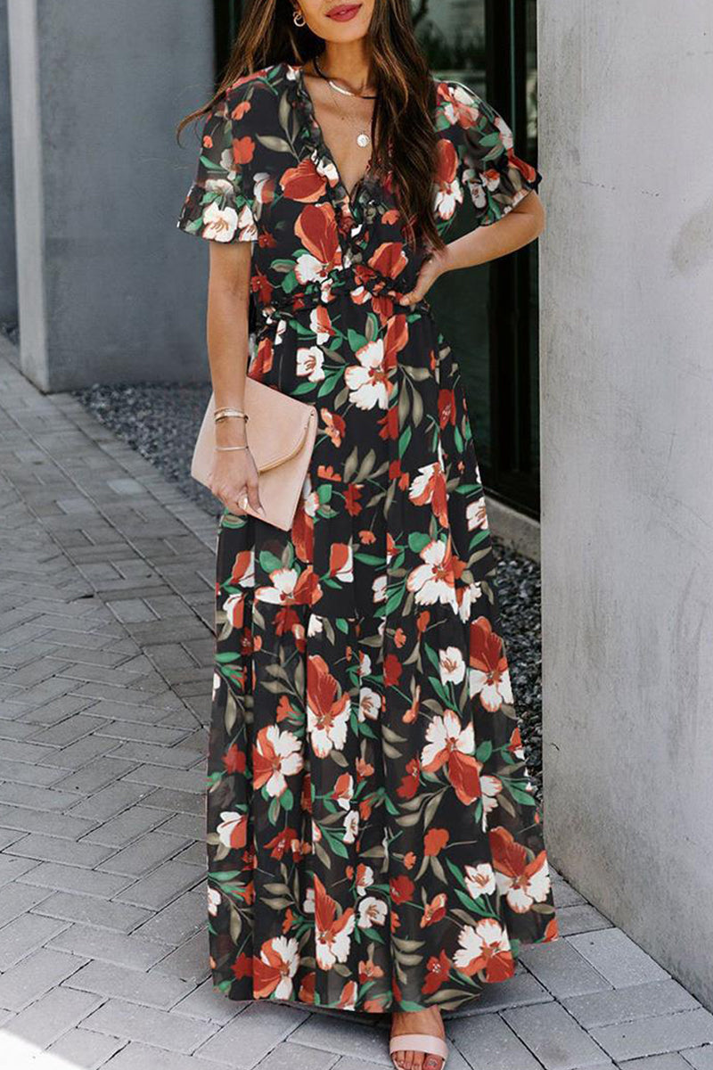 Elegant Floral Patchwork V Neck A Line Dresses