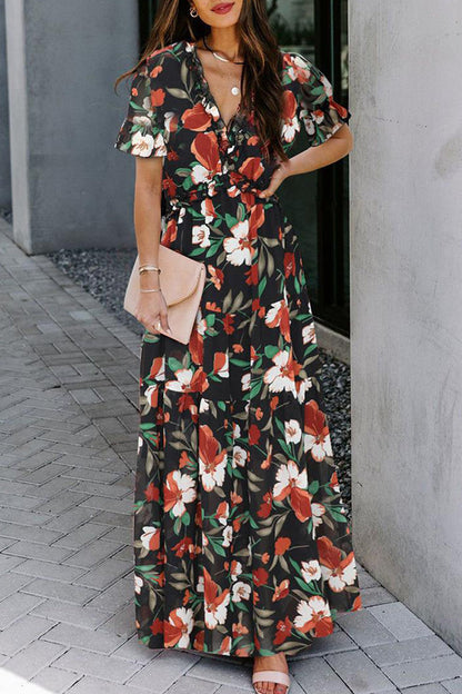 Elegant Floral Patchwork V Neck A Line Dresses