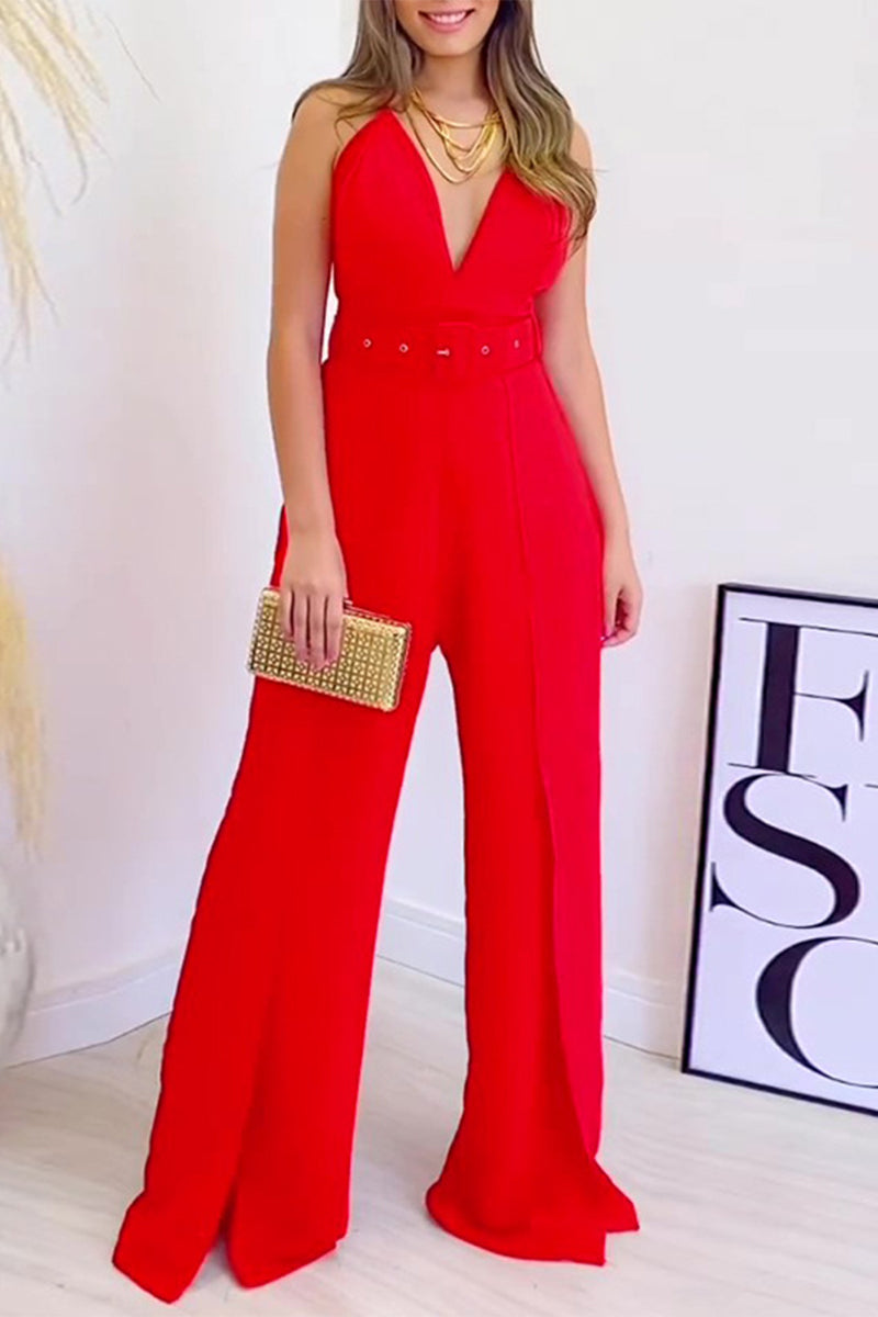 Monos elegantes de celebridades, lisos, con cinturón y escote en V (4 colores)