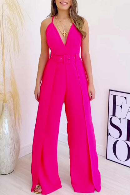 Monos elegantes de celebridades, lisos, con cinturón y escote en V (4 colores)