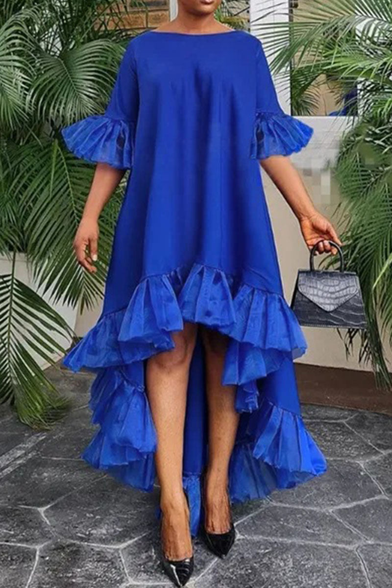 Vestido informal elegante de patchwork liso con volantes y cuello redondo irregular (4 colores)