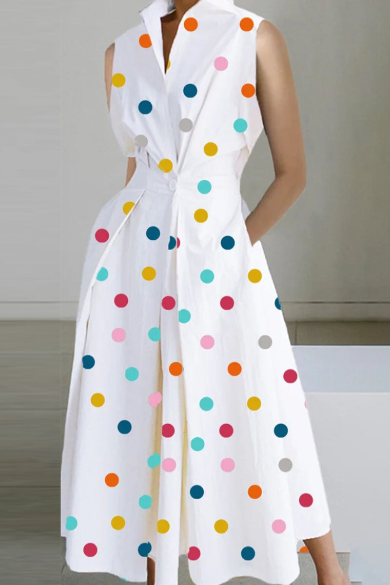 Casual Print Patchwork Buttons Fold Mandarin Collar A Line Dresses(8 Colors)