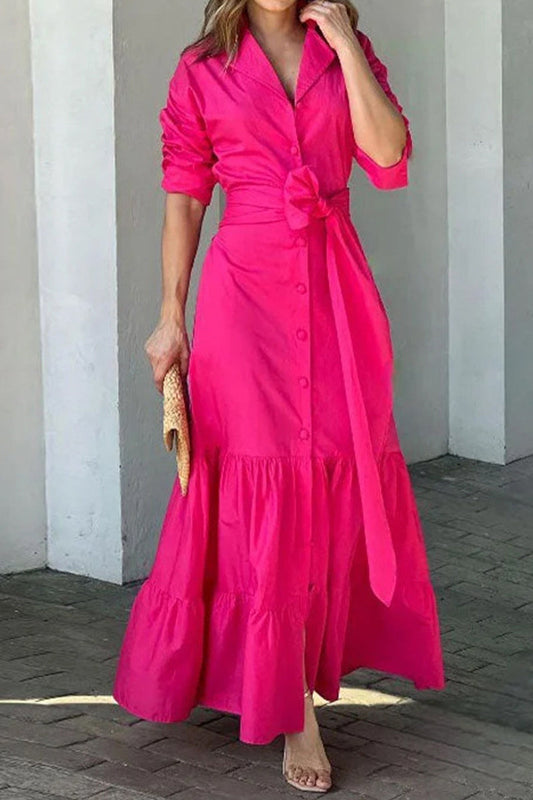 Casual Solid Bandage Shirt Collar Waist Skirt Dresses