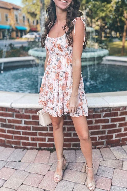 Vestido sexy bohemio floral sin espalda con cuello en U y tirantes finos