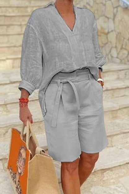 Conjunto informal sencillo de dos piezas con cuello en V, manga larga y bolsillos lisos (4 colores)