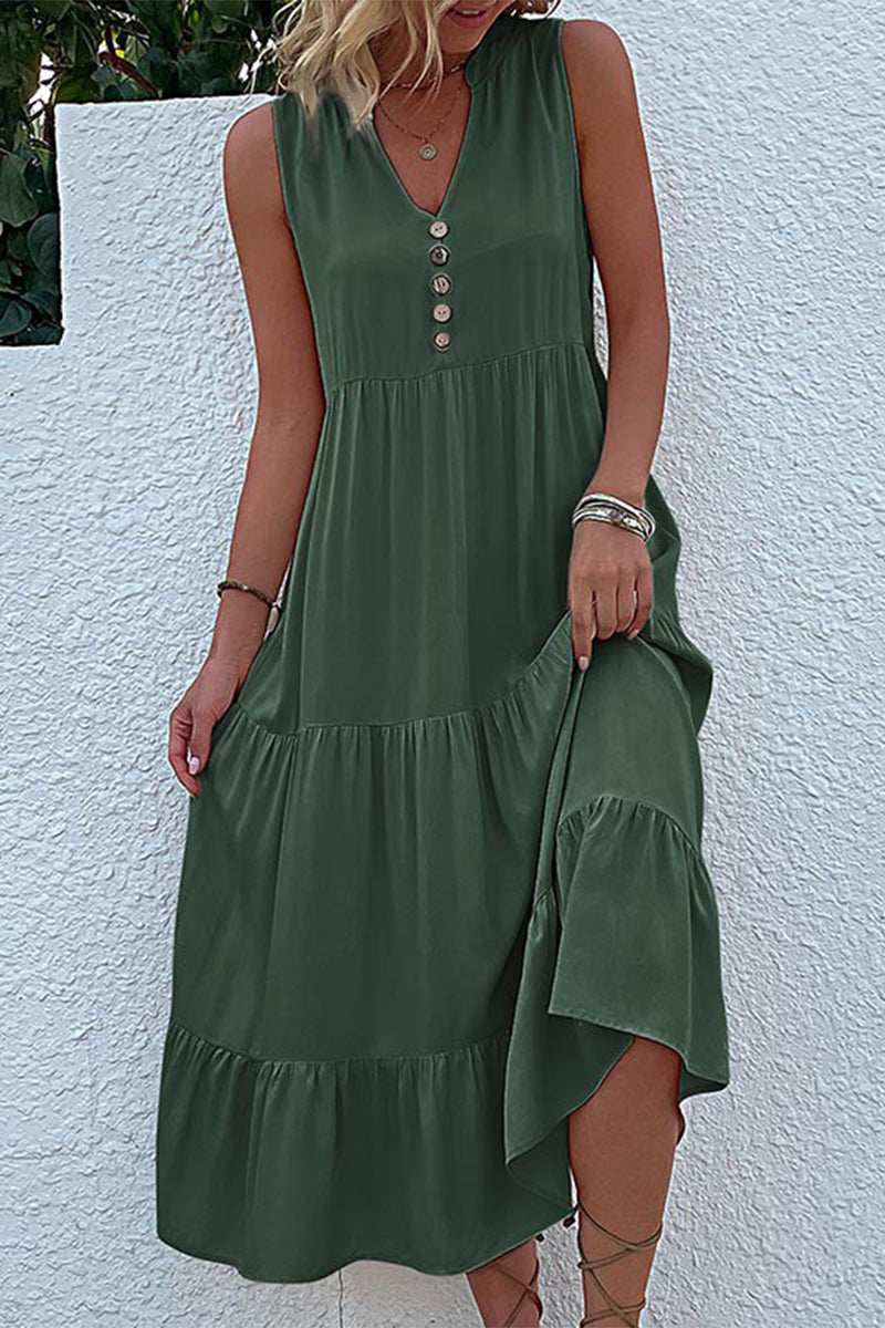 Vestido informal sencillo con cuello en V y volantes lisos