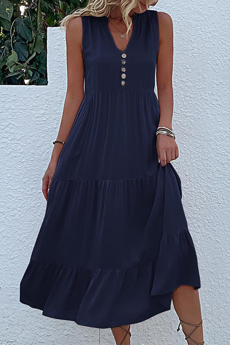 Vestido informal sencillo con cuello en V y volantes lisos