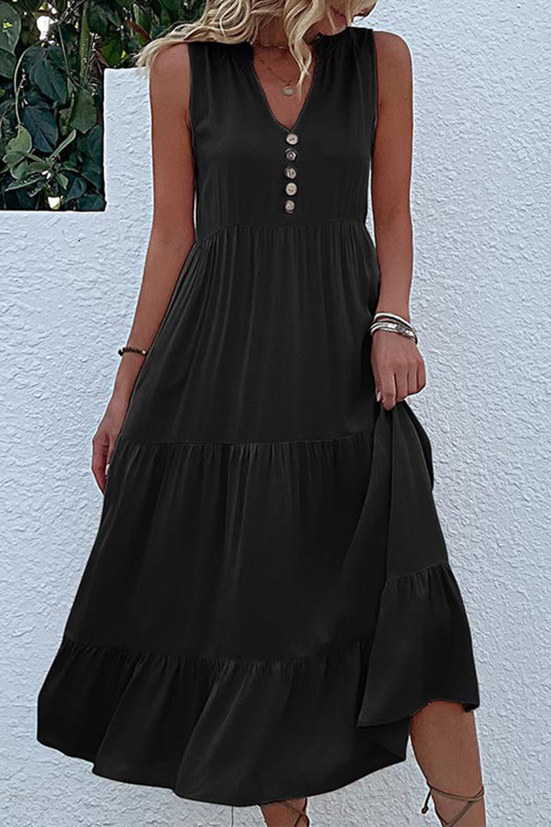 Vestido informal sencillo con cuello en V y volantes lisos
