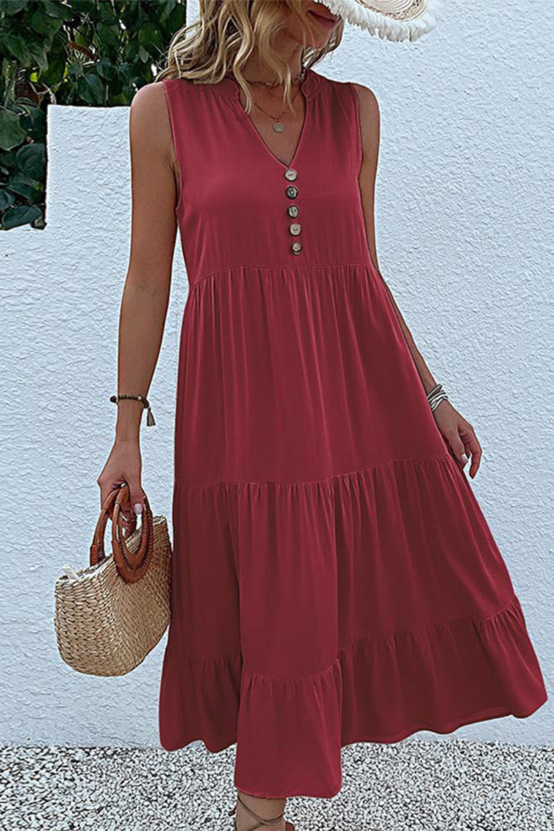 Vestido informal sencillo con cuello en V y volantes lisos