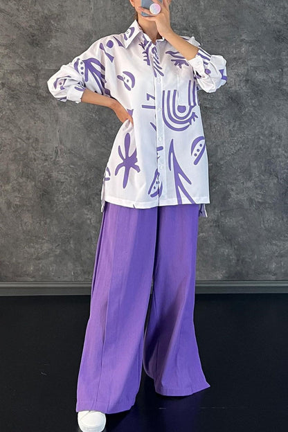 Conjunto de dos piezas con cuello vuelto, manga larga y estampado casual de patchwork