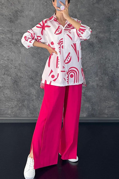 Conjunto de dos piezas con cuello vuelto, manga larga y estampado casual de patchwork