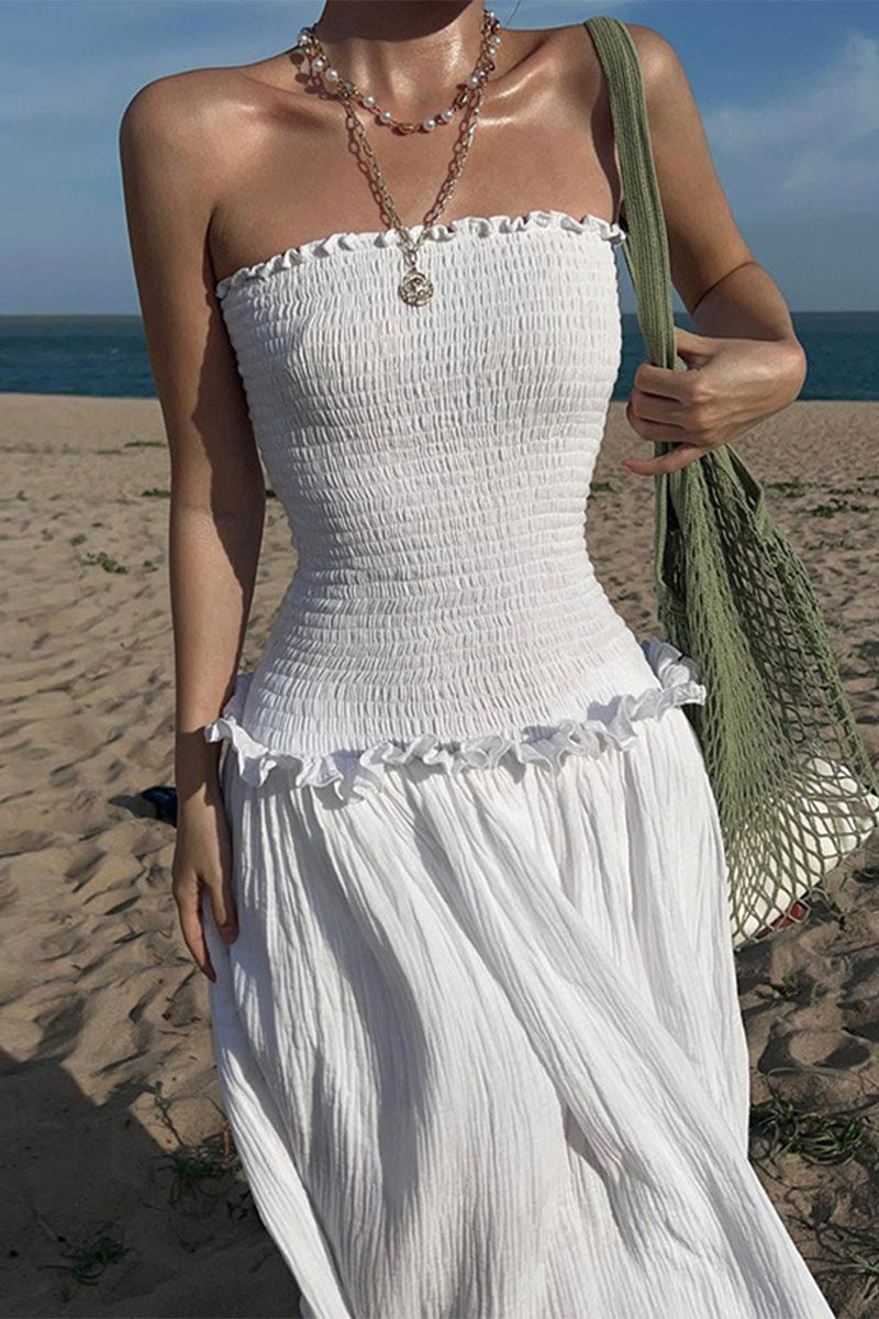 Vestidos casuales de diario con pliegues sólidos, sin tirantes y plisados