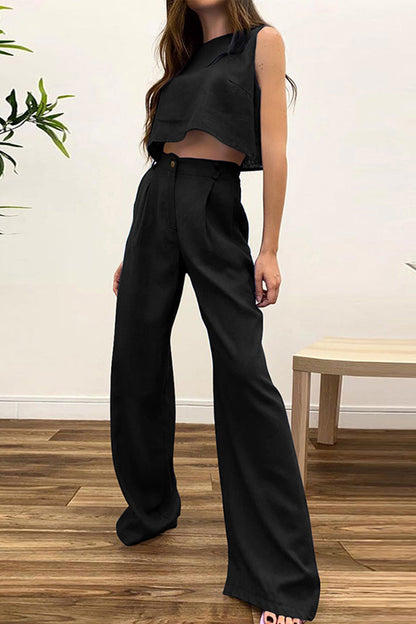 Conjunto informal de dos piezas sin mangas con cuello redondo y parches sólidos