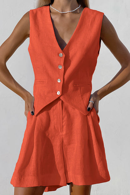 Conjunto informal de dos piezas con cuello en V, sin mangas y bolsillos sólidos (6 colores)
