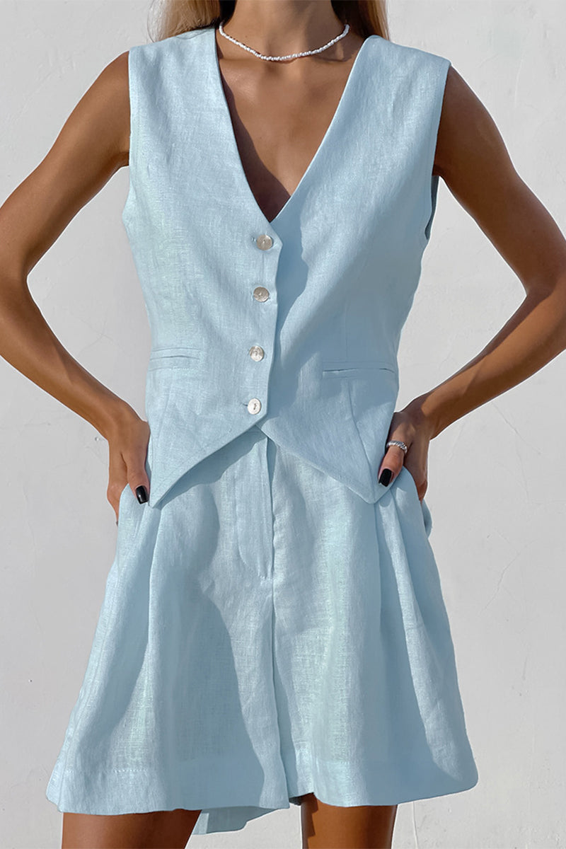 Conjunto informal de dos piezas con cuello en V, sin mangas y bolsillos sólidos (6 colores)