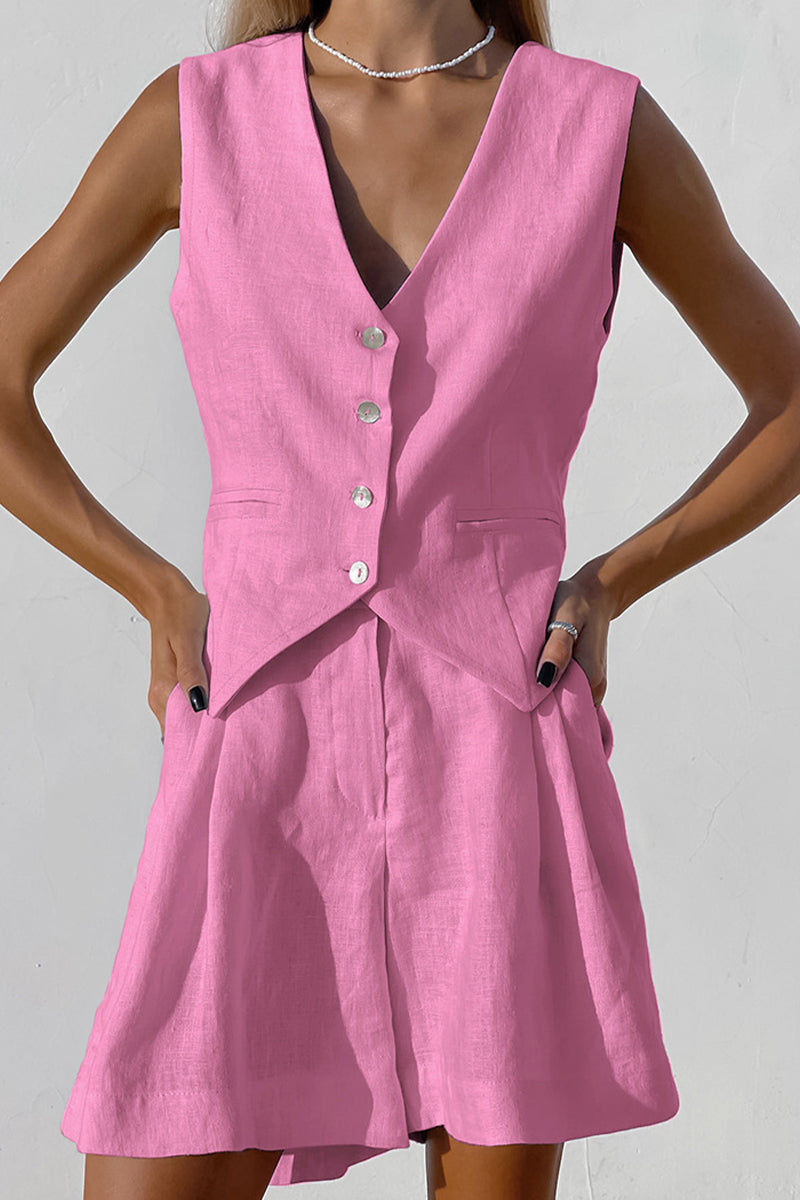 Conjunto informal de dos piezas con cuello en V, sin mangas y bolsillos sólidos (6 colores)