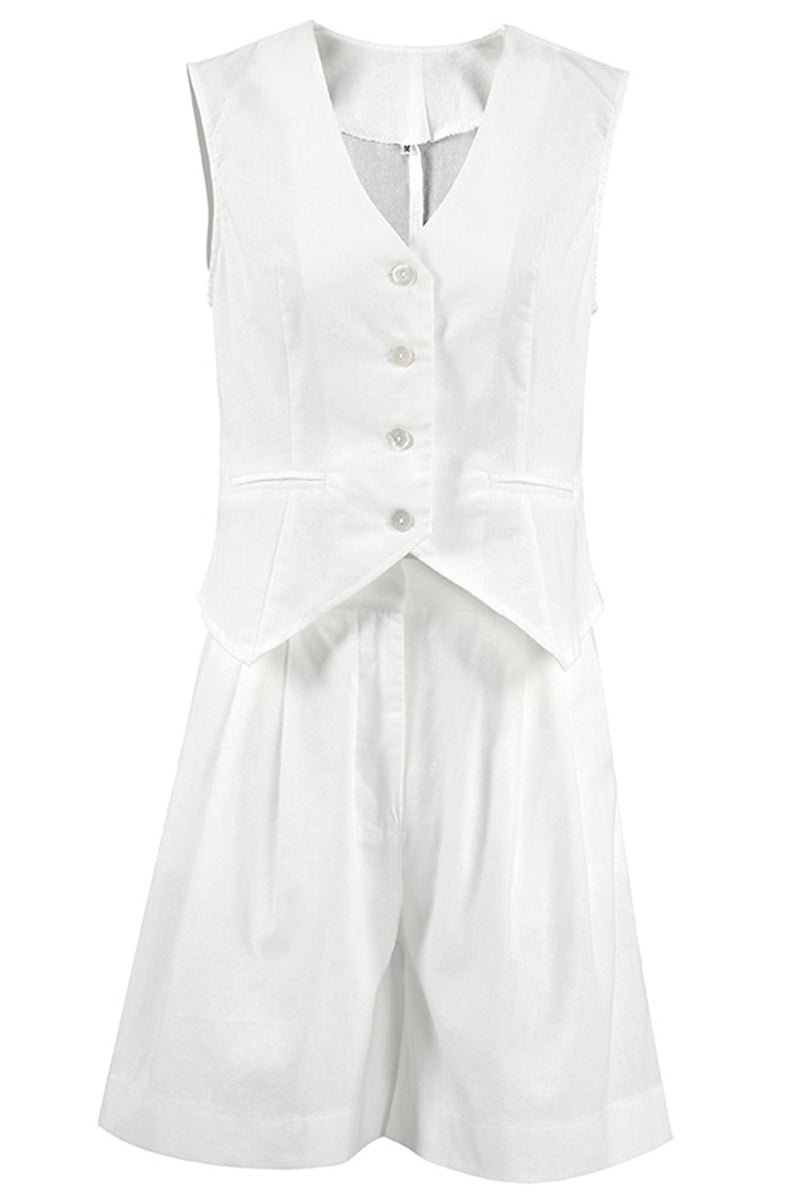 Conjunto informal de dos piezas con cuello en V, sin mangas y bolsillos sólidos (6 colores)
