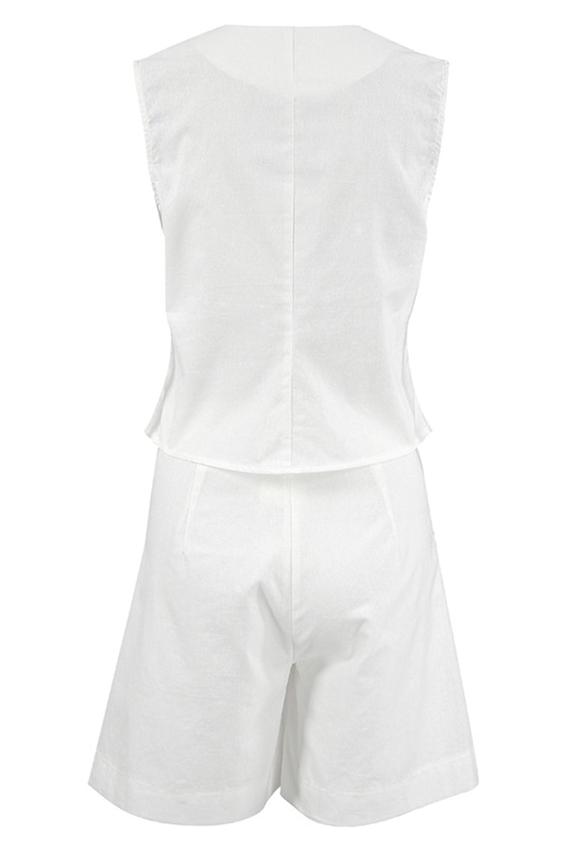 Conjunto informal de dos piezas con cuello en V, sin mangas y bolsillos sólidos (6 colores)
