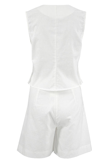 Conjunto informal de dos piezas con cuello en V, sin mangas y bolsillos sólidos (6 colores)