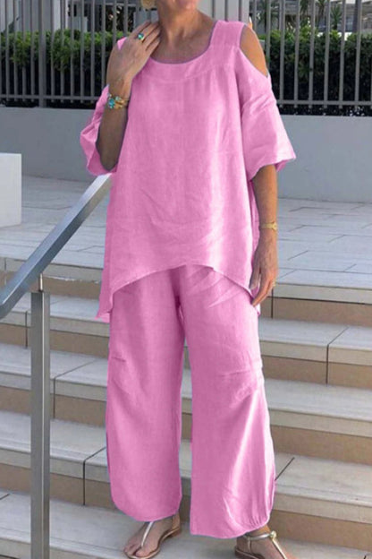 Conjunto casual de dos piezas asimétrico liso con cuello redondo y media manga