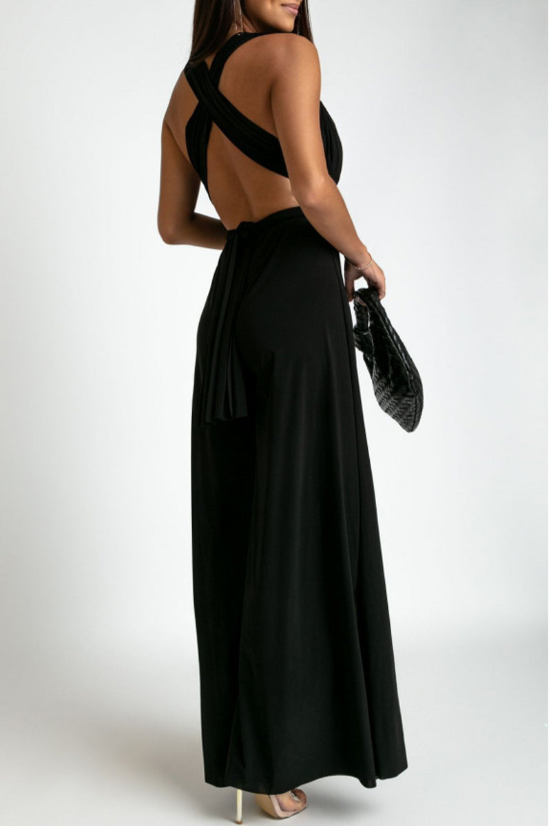 Mono informal elegante de color liso con espalda descubierta y tirantes cruzados con cuello en V