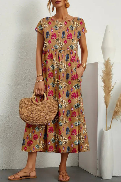 Vestido informal con estampado floral, cuello redondo y bolsillos (9 colores)
