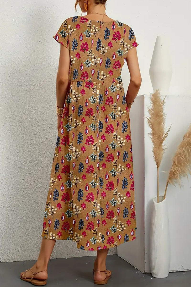 Vestido informal con estampado floral, cuello redondo y bolsillos (9 colores)