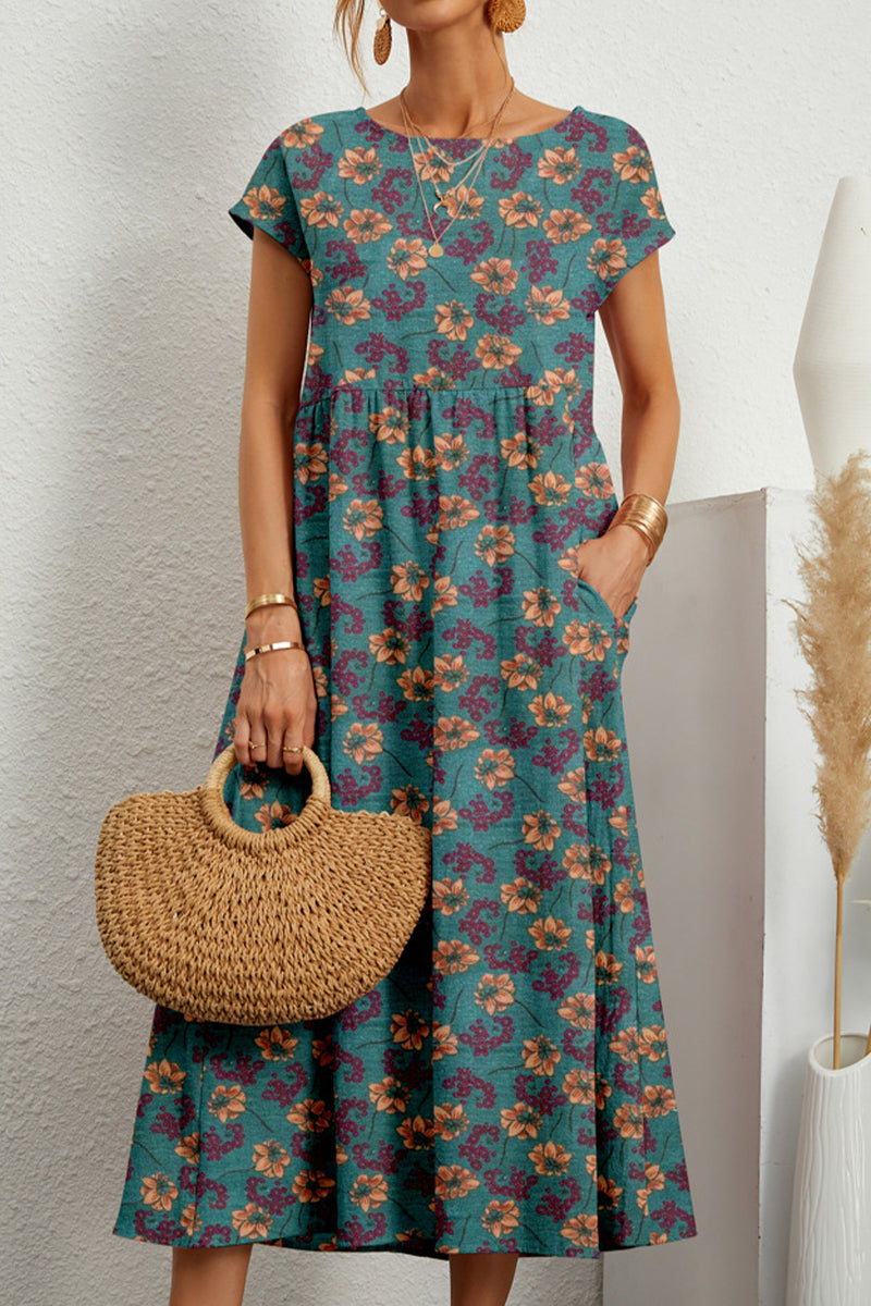 Vestido informal con estampado floral, cuello redondo y bolsillos (9 colores)