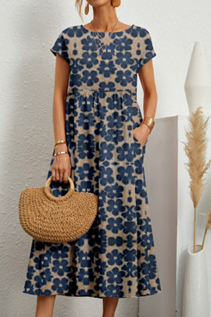 Vestido informal con estampado floral, cuello redondo y bolsillos (9 colores)