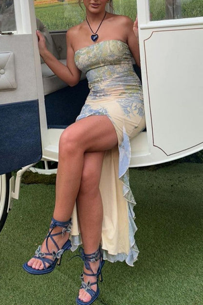 Vestido largo sexy con estampado, espalda descubierta, abertura y sin tirantes