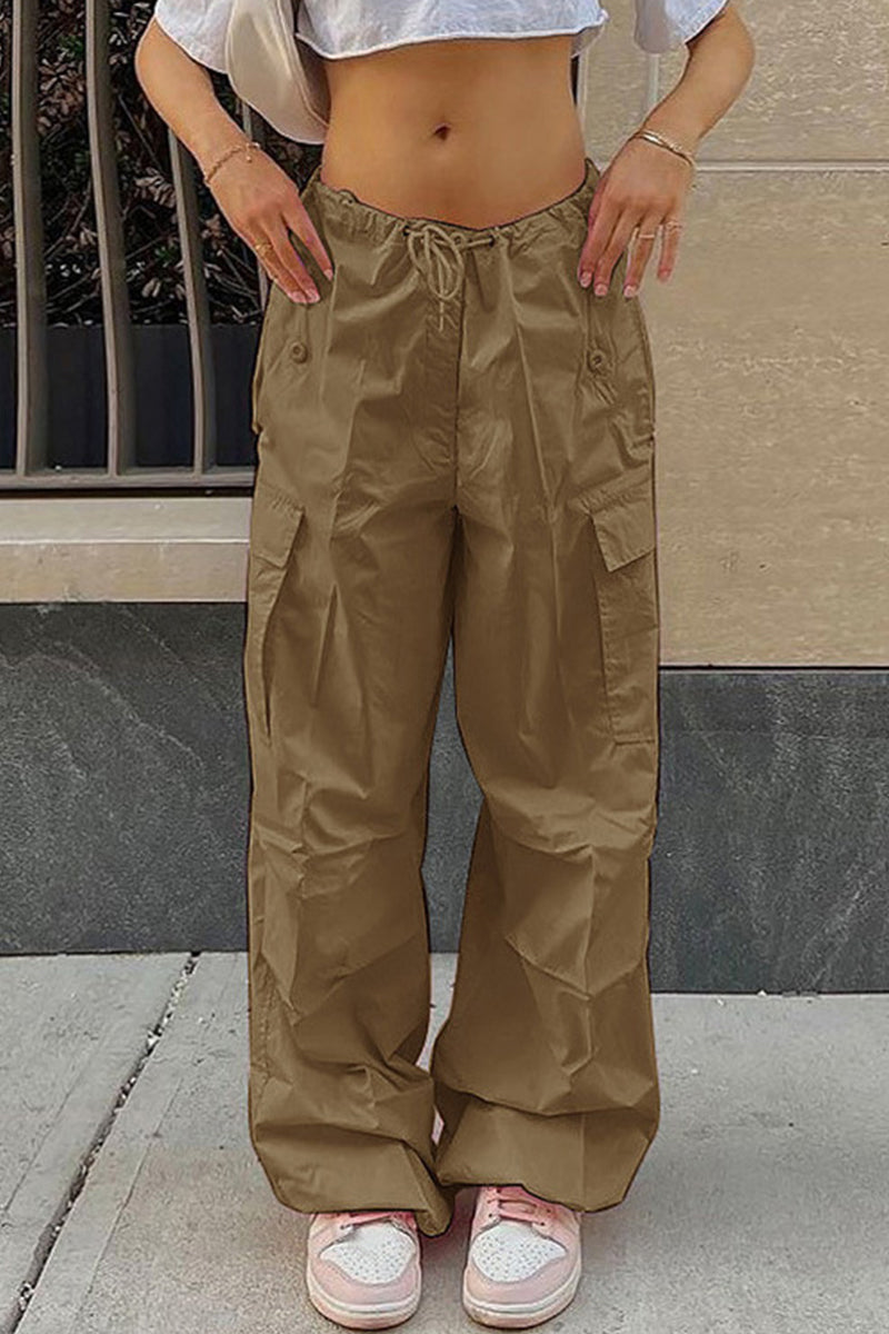 Casual Street Solid Pocket Loose High Waist Straight Solid Color Bottoms