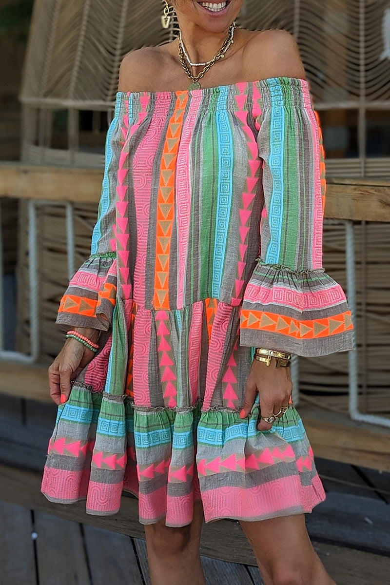 Vestidos casuales de vacaciones con hombros descubiertos y contraste de bloques de color