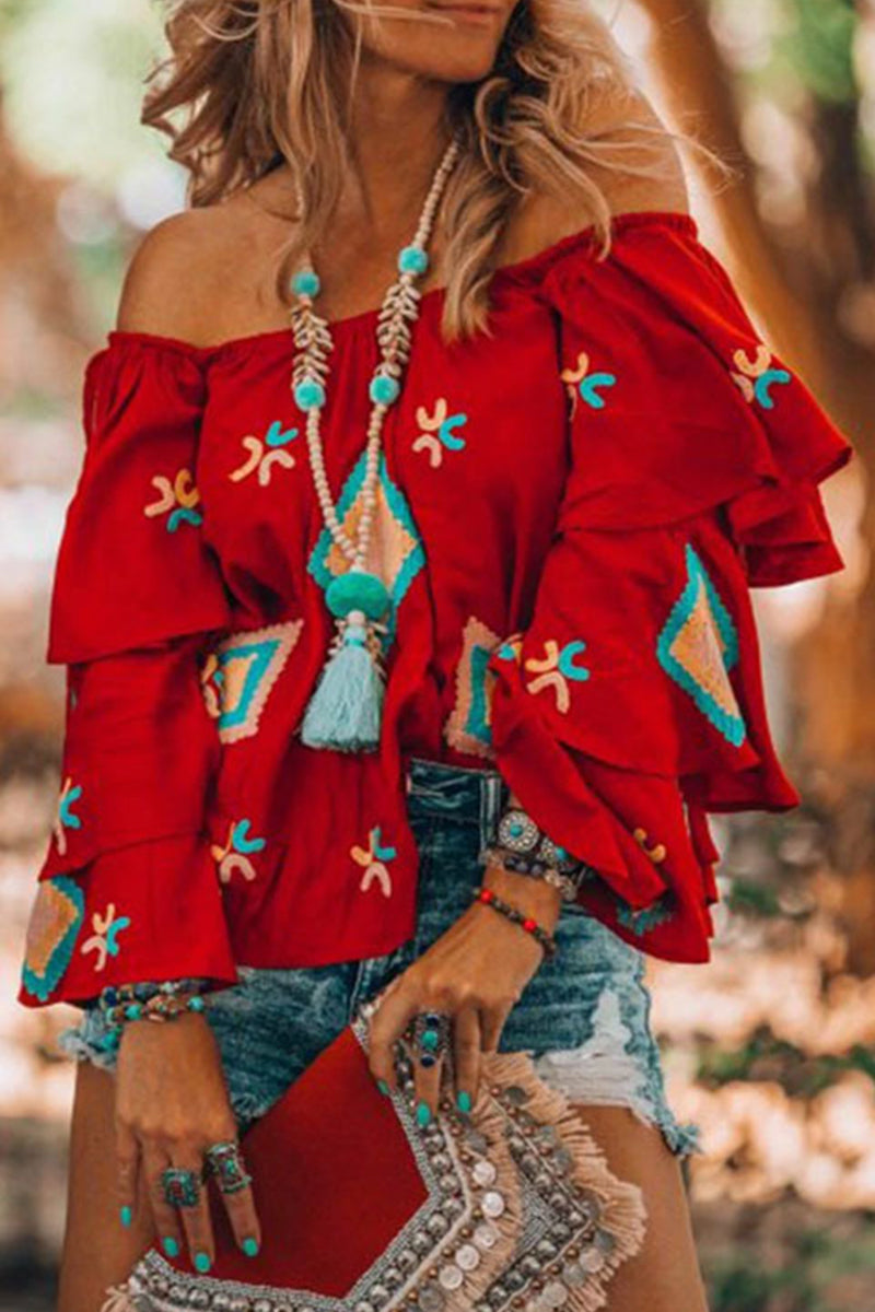 Bohemian College Geometric Patchwork Off the Shoulder Blouses