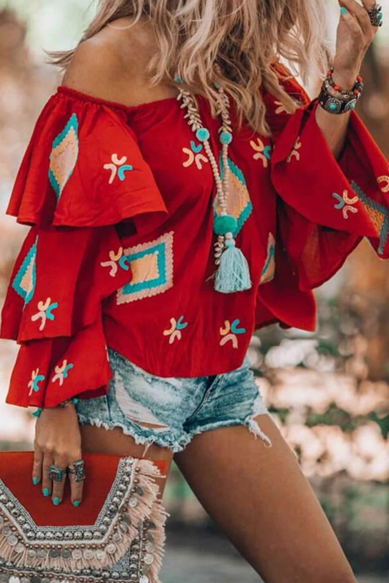 Bohemian College Geometric Patchwork Off the Shoulder Blouses