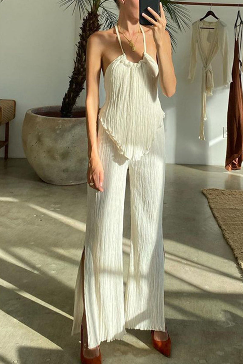 Traje de baño sexy informal de dos piezas con cuello halter, sin espalda y sin mangas, color sólido