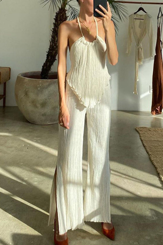 Traje de baño sexy informal de dos piezas con cuello halter, sin espalda y sin mangas, color sólido