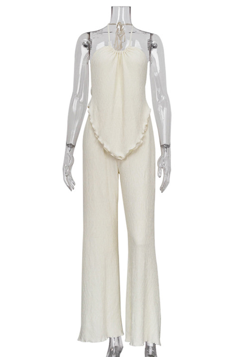 Traje de baño sexy informal de dos piezas con cuello halter, sin espalda y sin mangas, color sólido