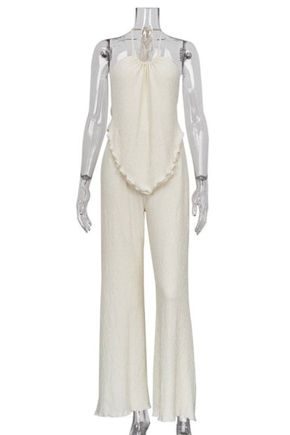 Traje de baño sexy informal de dos piezas con cuello halter, sin espalda y sin mangas, color sólido