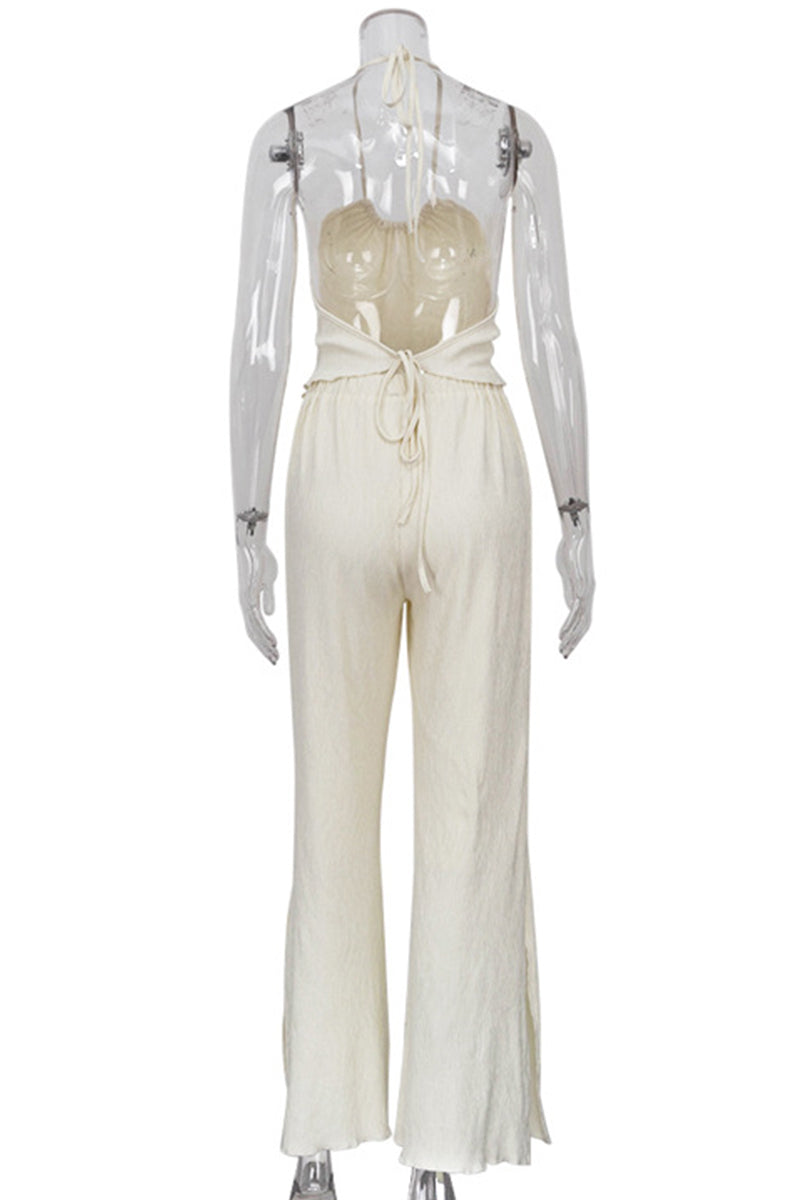 Traje de baño sexy informal de dos piezas con cuello halter, sin espalda y sin mangas, color sólido