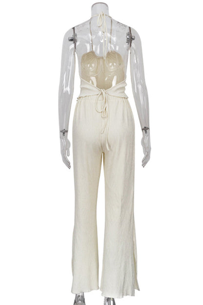 Traje de baño sexy informal de dos piezas con cuello halter, sin espalda y sin mangas, color sólido